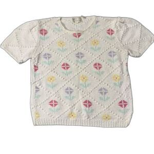 Vintage The Eagle's Eye Hand Knit Floral Sweater Tee Women's L Cottagecore